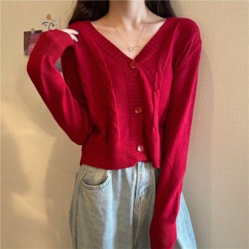 Áo Khoác Cardigan Dệt Kim Cổ Tim Xinh Xắn Cho Nữ Chất Len Tăm Phong Cách Ulzzang Hàn Quốc Nhiều Màu