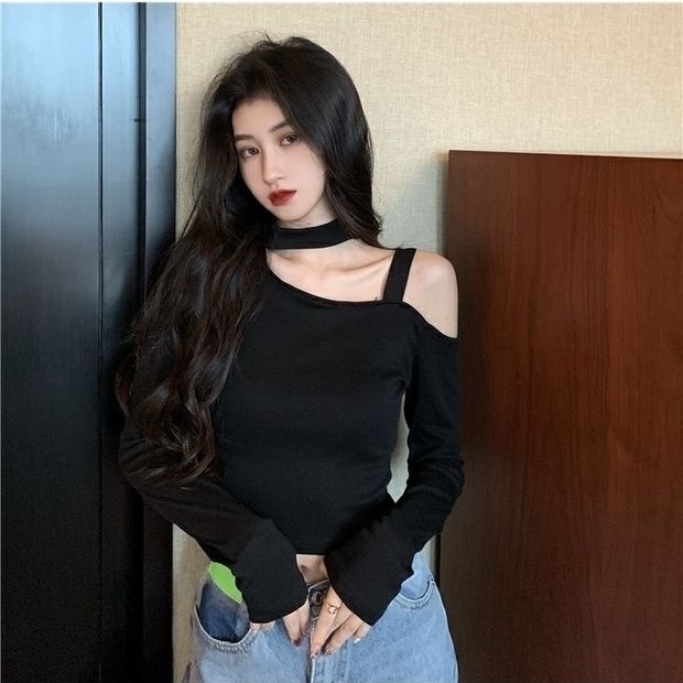 Áo Croptop Tay Dài Trễ Vai Màu Đen Phong Cách Hàn Quốc Cho Nữ