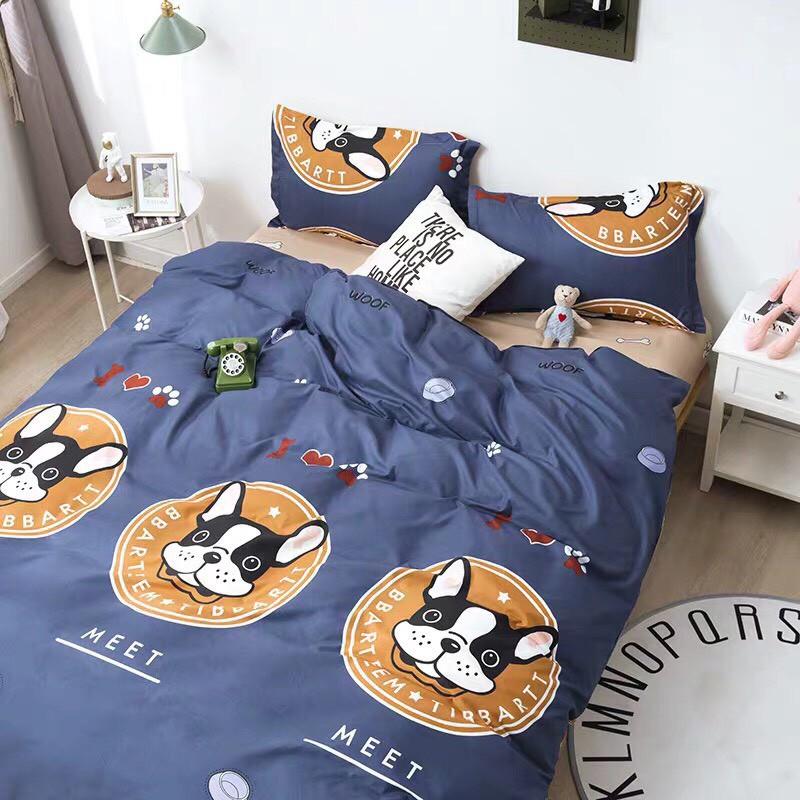 Bộ Chăn ga gối cotton poly Emmidecor cao cấp mẫu chó mặt xệ giá tốt