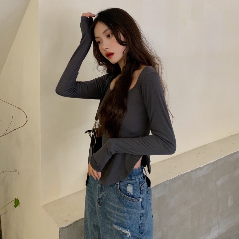 ZHELIHANGFEI Áo Thun Tay Dài Lưng Cao Dáng Ôm Quyến Rũ Cho Nữ