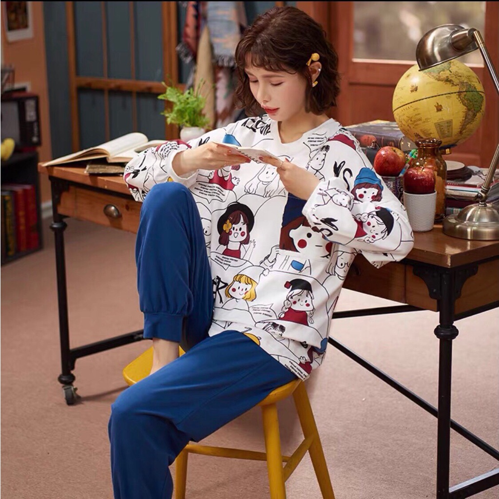 Bộ ngủ nữ hoạt hình siêu xinh chất cotton mịn JUNIDO