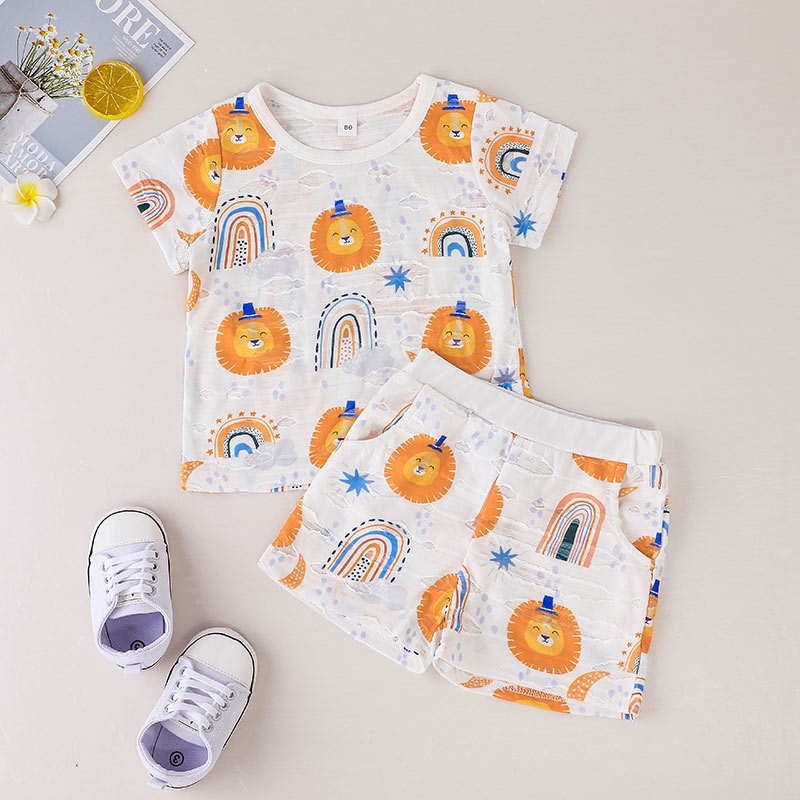 Bộ Đồ Ngủ 2 Món Gồm Áo Thun Tay Ngắn Và Quần Ngắn In Họa Tiết Hoạt Hình Dành Pijama Set Cho Bé Trai/Bé Gái Sơ Sinh 0-4 Tuổi