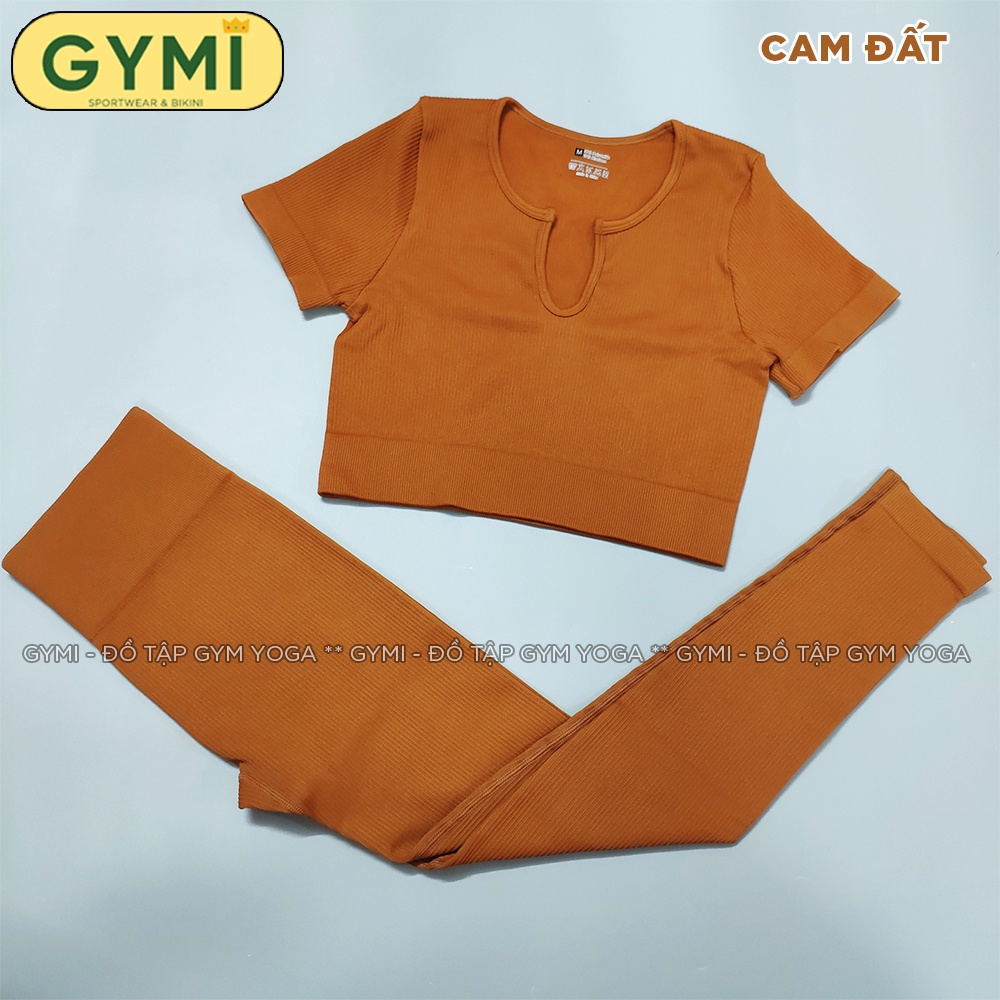 Set bộ đồ tập gym yoga nữ GYMI SET15 gồm áo croptop ngắn tay và quần legging dài thể thao chất dệt thun gân cao cấp