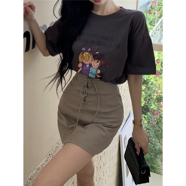 Set Áo Thun Ngắn Tay Cổ Tròn In Họa Tiết Và Chân Váy Lưng Cao Thời Trang Mùa Hè Phong Cách Hàn Quốc Cho Nữ