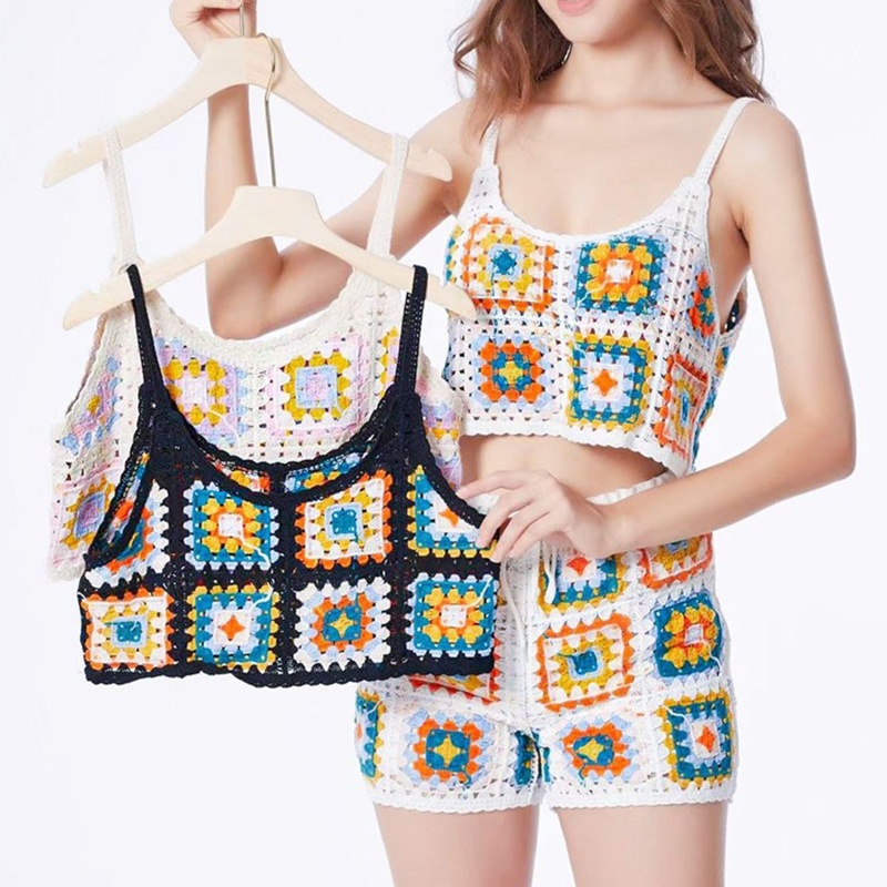 Áo Croptop Hai Dây Dệt Kim Khoét Rỗng Màu Cầu Vồng Cho Nữ