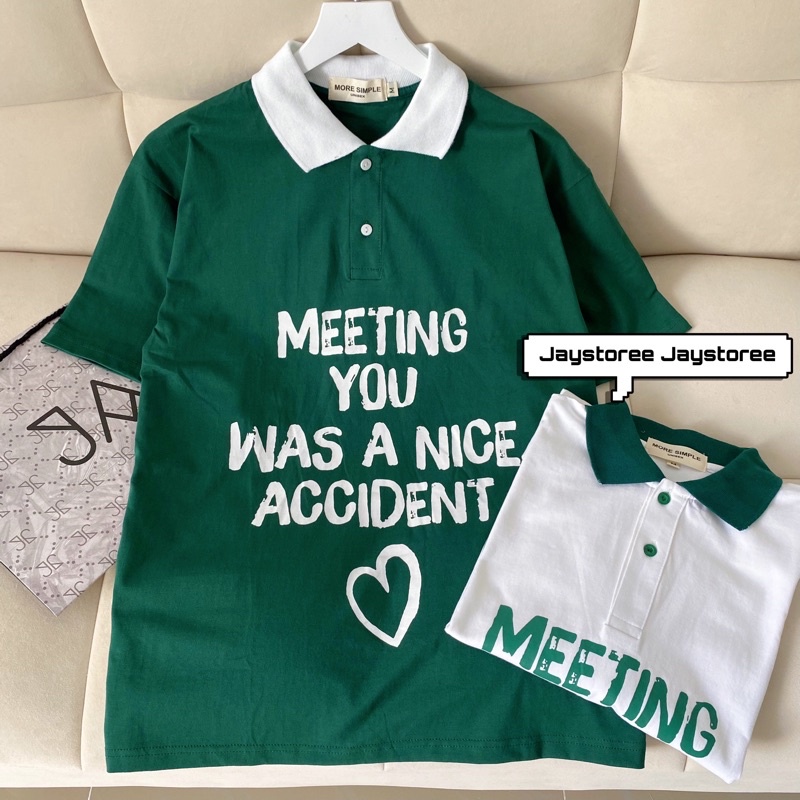 Polo Unisex MEETING màu XANH LÁ/TRẮNG form rộng ✳️ Chất thun da cá form nam nữ unisex/Áo thun có cổ Jaystoree