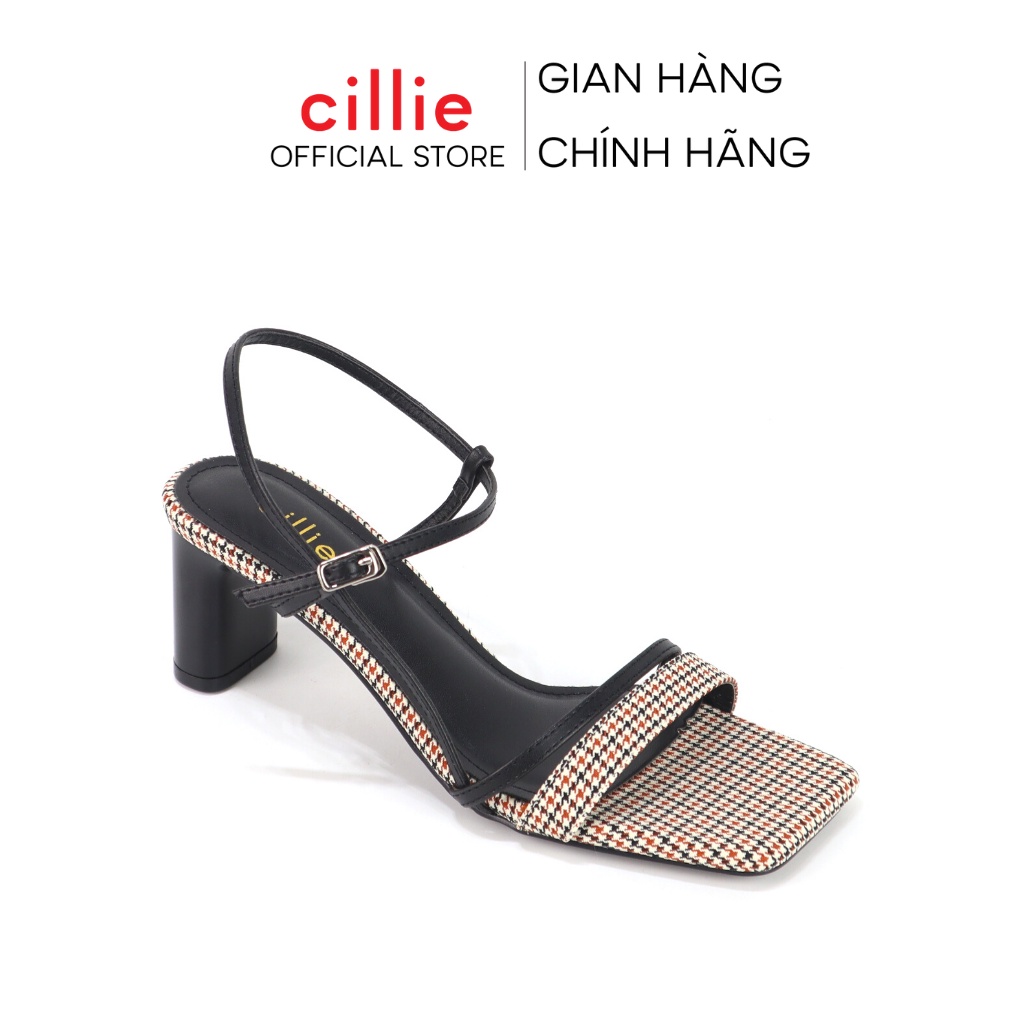 Giày sandal nữ cao gót quai ngang phối vải bố vintage gót vuông cao 7cm đi học đi chơi dạo phố Cillie 1108