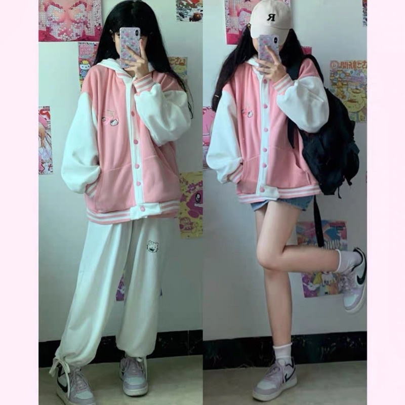 Áo khoác bomber có nón thêu hình hello kitty brand kitty