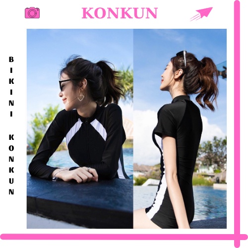 Bikini liền mảnh bodysuit có tay khoá kéo màu đen sọc trắng form short kín đáo KONKUN MS18