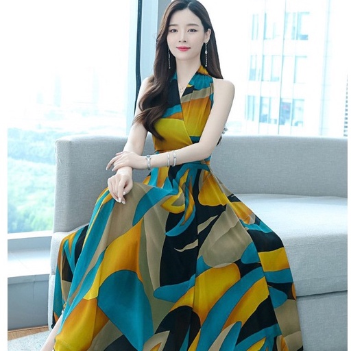 Đầm Maxi Dáng Dài - Váy Dự Tiệc Body Cổ Chéo Dạng V Họa Tiết Sang Trọng Cao Cấp Quảng Châu