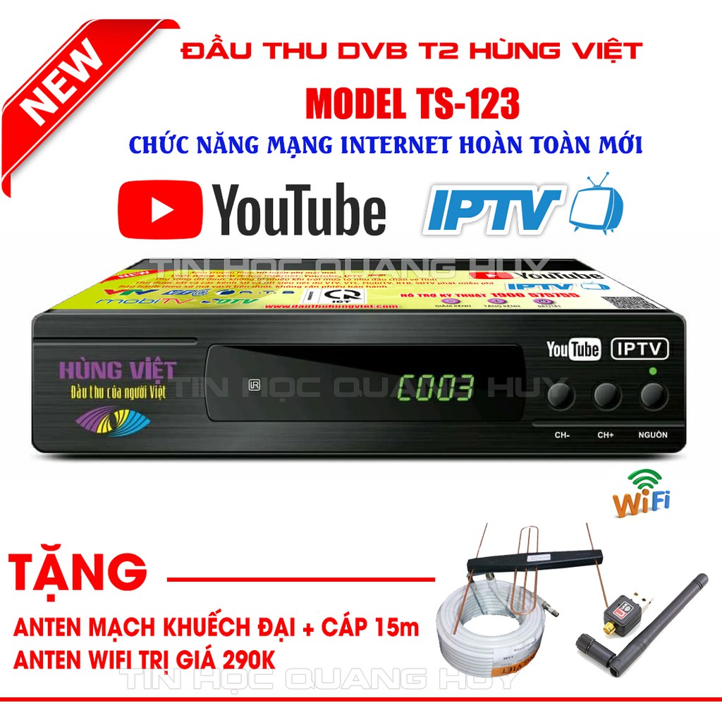 Đầu thu DVB T2 Hùng Việt TS 123 tặng anten wifi, bộ anten khuếch đại