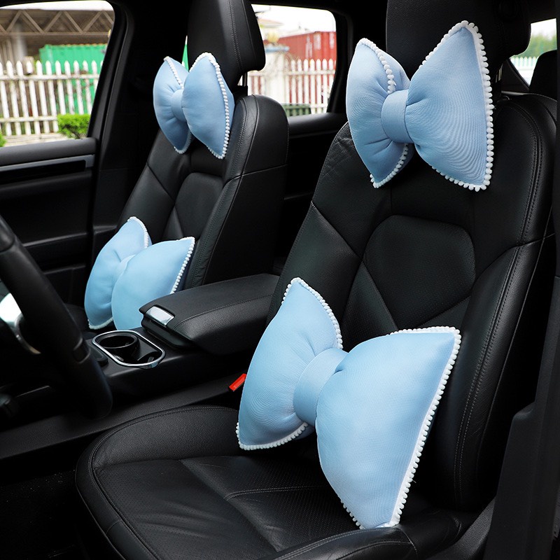 Bộ Gối Tựa Nơ Dễ Thương Trên Xe Ô Tô Cao Cấp - Gối Cổ Tựa Eo Trên Xe Hơi Hoa Trà