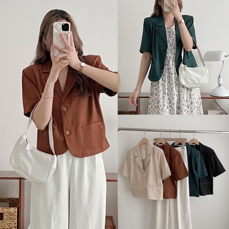 [Ảnh thật/Video]Áo blazer cộc tay dáng lửng mới về Áo vest cúc nhang túi thật form rộng