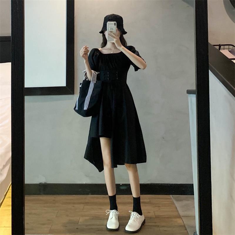 Đầm cổ vuông lệch tầng đan dây rút eo 2 màu form rộng tôn dáng/ Váy suông nữ tay bồng dáng dài mặc dự tiệc, đi biển_2su