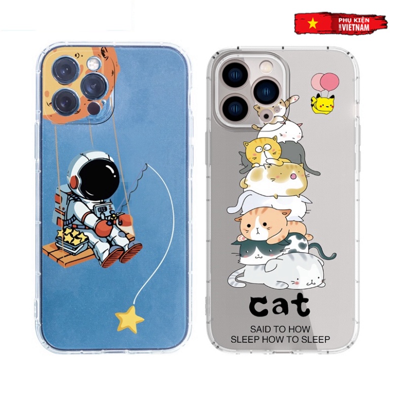 Ốp lưng iphone 6, 6s plus, 7 8 Plus, X, XS, XR, XSMAX, 11, 12, 13 PROMAX TRONG SUỐT PHI HÀNH GIA VÀ MÈO PKVN