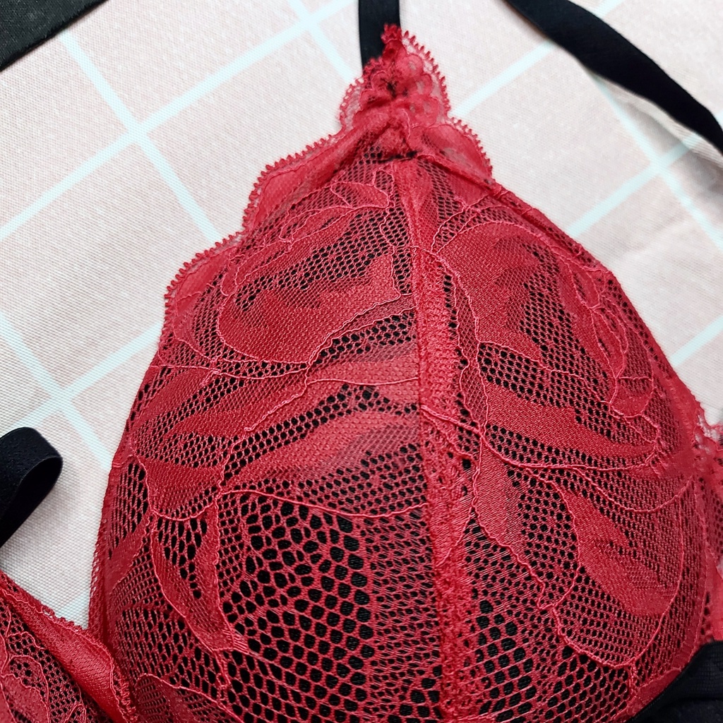 Bộ đồ lót nữ ren, bralette sexy không gọng mút mỏng đỏ (form lớn)SB01 [95's House]