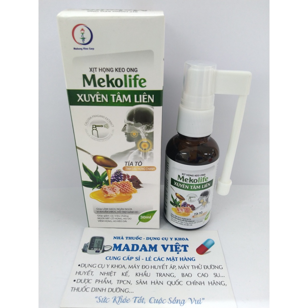 Xịt họng keo ong Mekolife Xuyên Tâm Liên  hỗ trợ làm sạch khoan miệng giảm đau rát họng, giảm ho, nhiệt mệng.