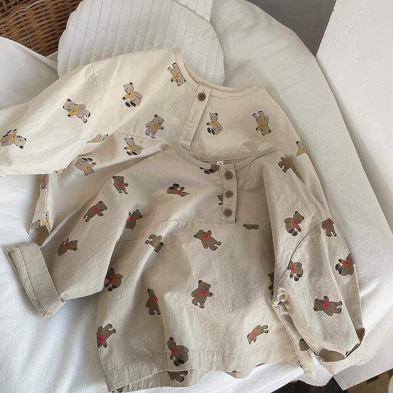 Áo Sơ Mi Cotton Lanh Tay Dài In Họa Tiết Gấu Hoạt Hình Phong Cách Hàn Quốc Cho Bé Trai Và Gái