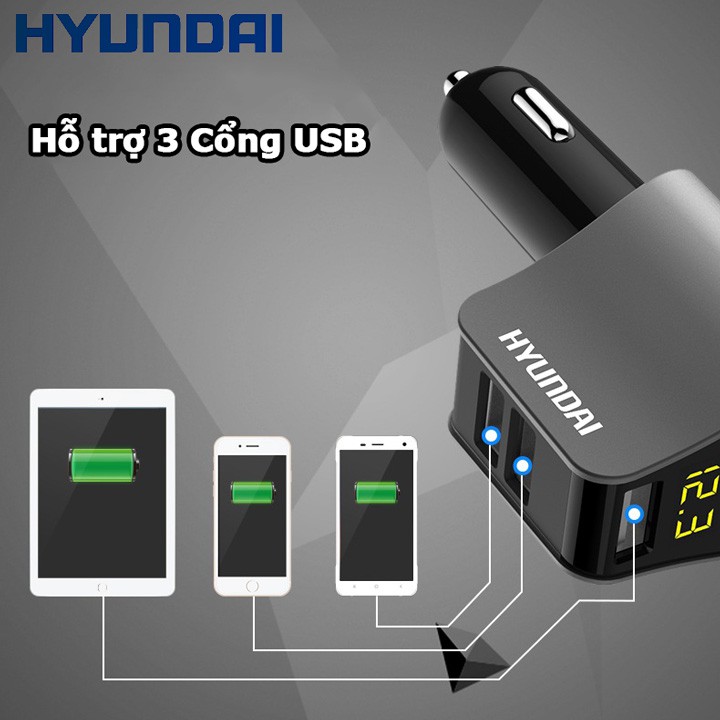 Tẩu sạc hyundai 3 cổng USB có màn hình hiển thị điện áp và một lỗ tẩu HY-10 HY10