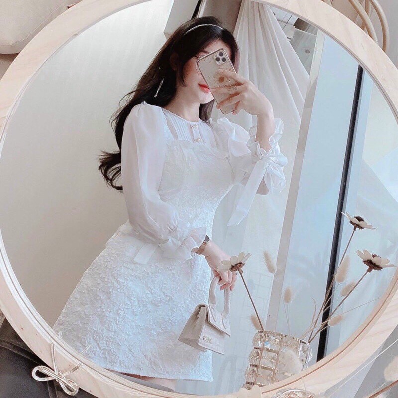 Đầm Váy Gấm Trắng Nổi Phối Ren Bèo Tơ Tay Dài Nơ Cực Xịn Xò Tiểu Thư Sang Chảnh Dự Tiệc Chuẩn Xinh Đẹp Quý Phái