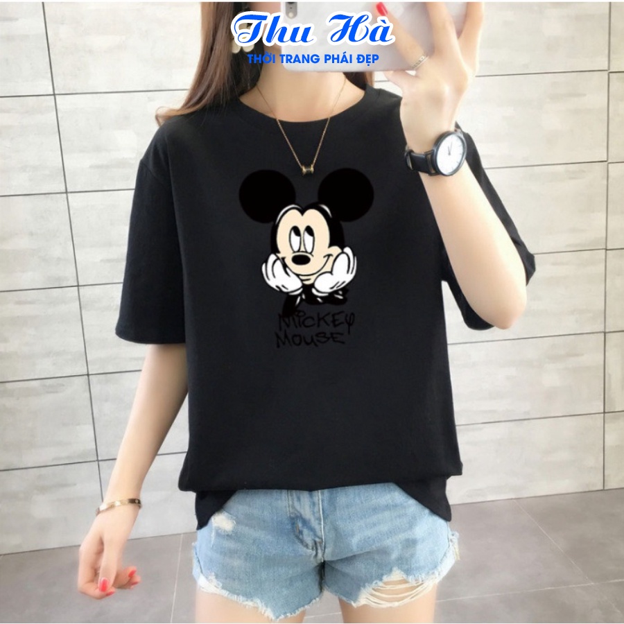 Áo thun form rộng áo phông tay lỡ Thu Hà chất liệu thoáng mát in hình Chuột Mickey Mouse