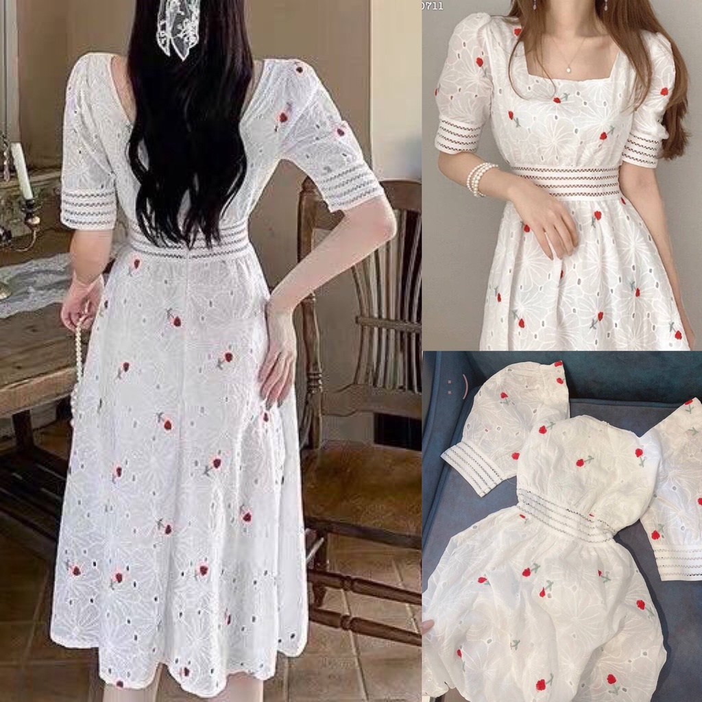 ĐẦM MIDI HOA CHERRY THÊU CỔ VUÔNG REN XÔ (Hình ảnh thật 100%)
