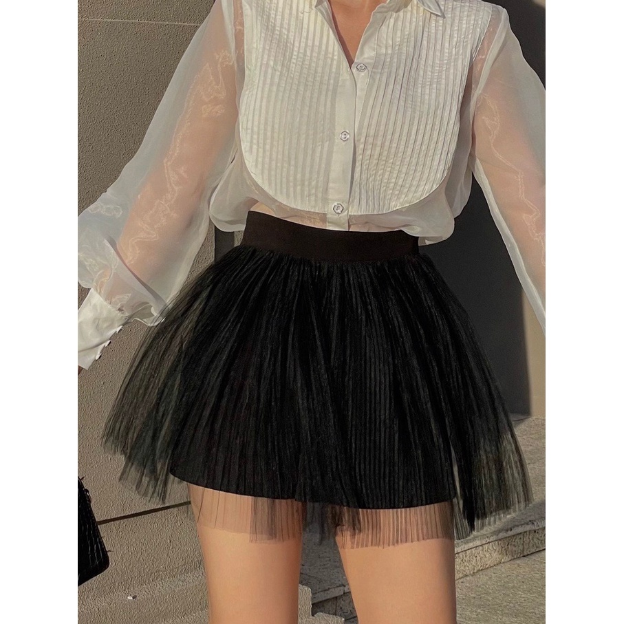 RECHIC Áo Kiểu Trixie Màu Trắng cổ sơ mi tay dài phối oganza xinh xắn thanh lịch thời thượng công sở dạp phố