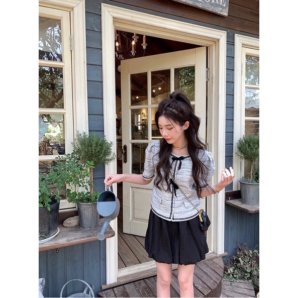 Sét Áo Dạ Xám Tiêu 2 Nơ Mix Chân Váy Phồng