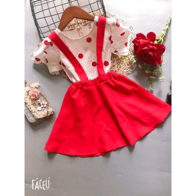Sét váy yếm mẫu áo chấm bi cánh tiên siêu xinh cho bé