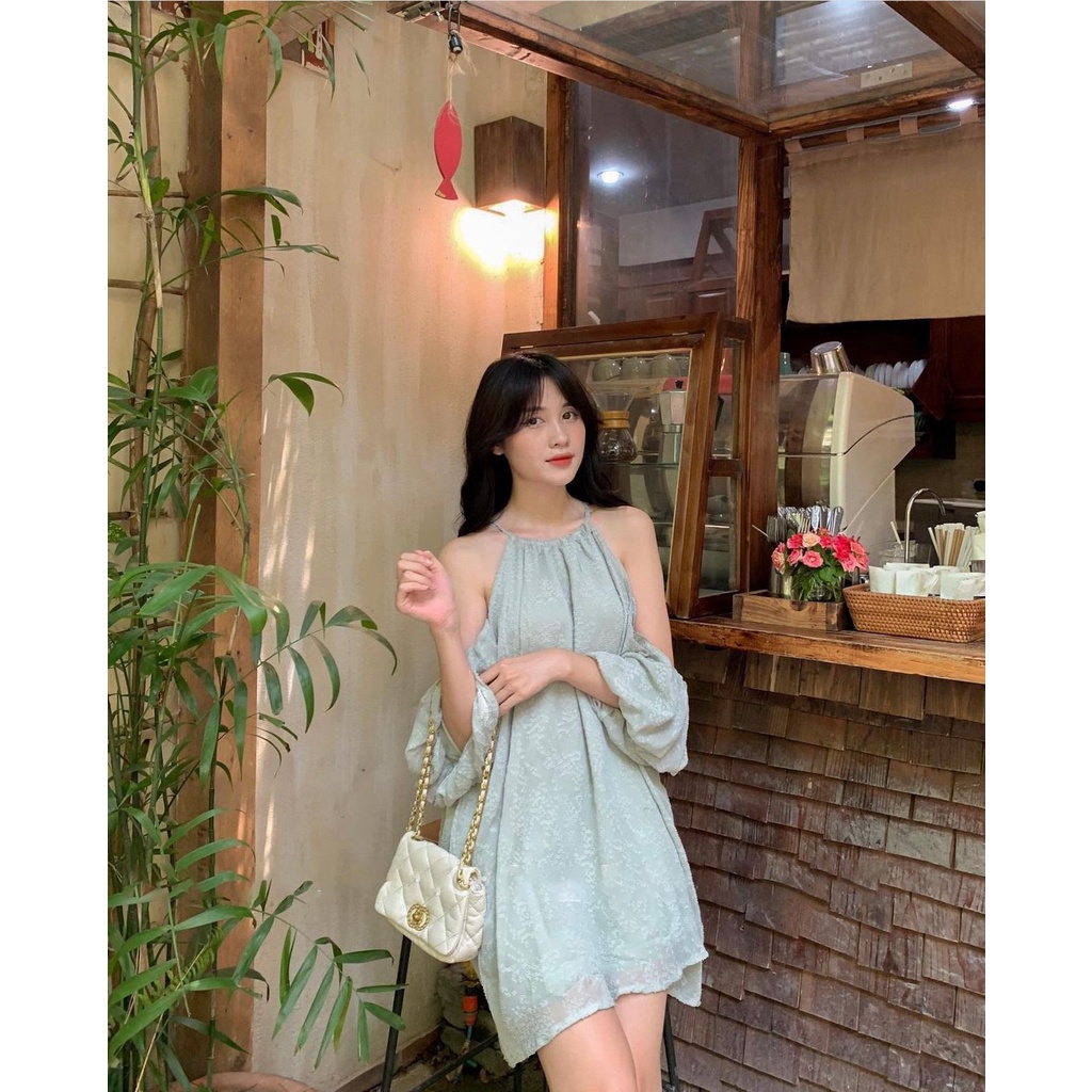 Váy cổ yếm hở vai A40 , đầm trễ vai vải voan 2 lớp dày dặn hot trend, hàng chất lượng- larelia store.