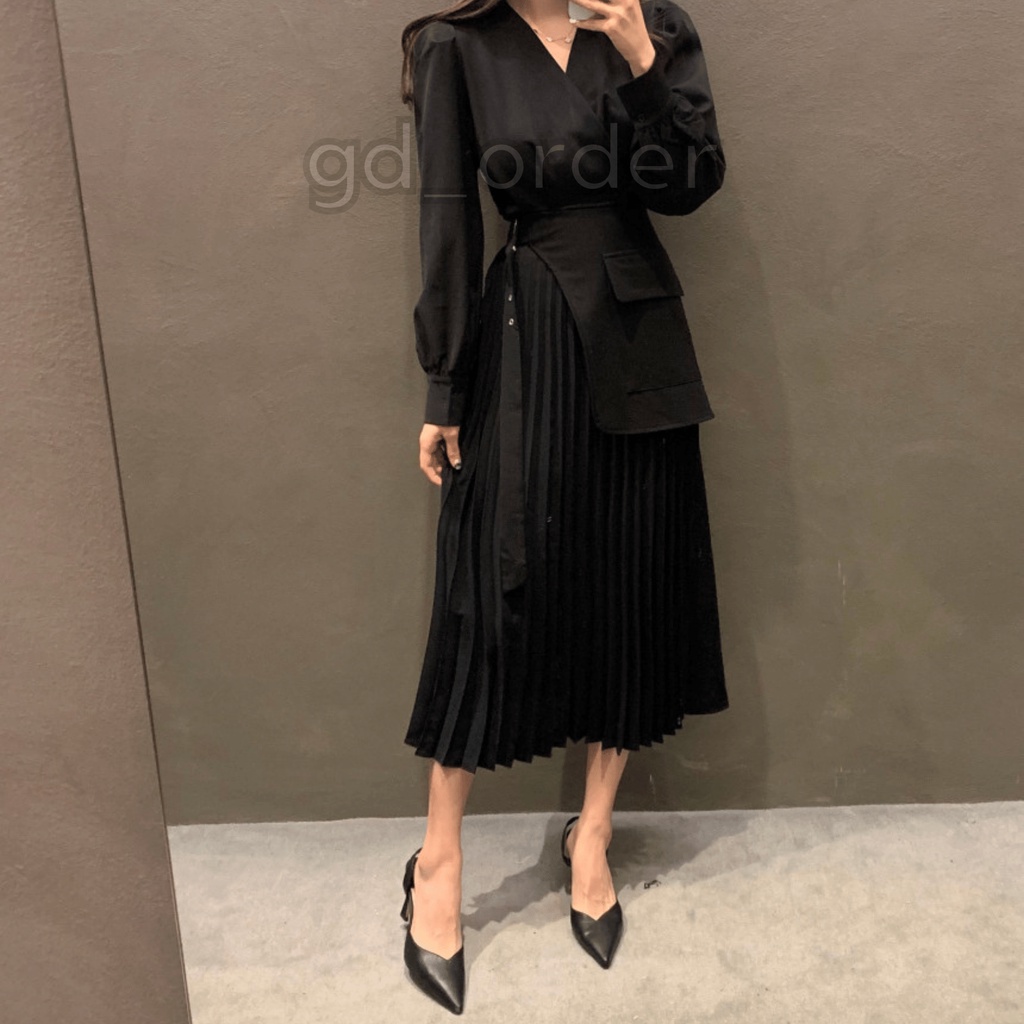 D21|Đầm công sở hàn quốc thiết kế xếp ly thanh lịch cho nữ màu be, đen gd_order
