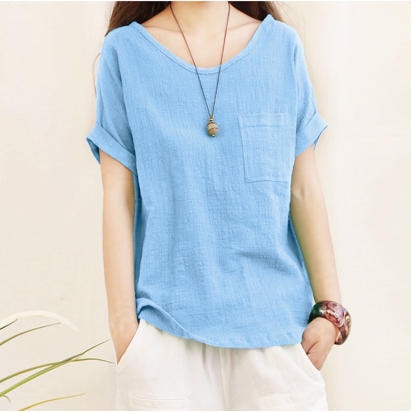 Áo Sơ Mi Nữ Vải Lanh Cotton Dáng Rộng Tay Ngắn Cổ Tròn Màu Trơn Cỡ Lớn 5XL Thời Trang Mùa Hè