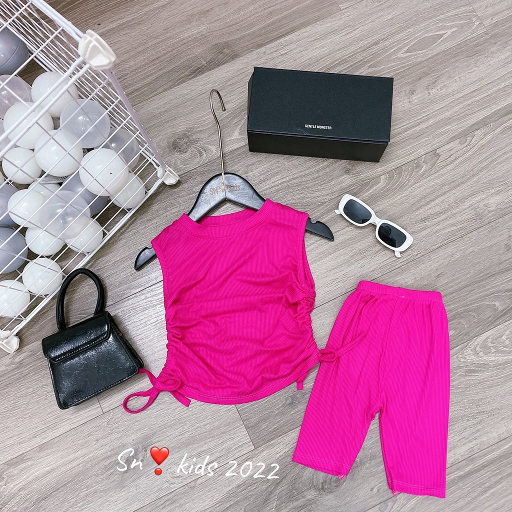 Bộ hè bé gái, bộ tăm lạnh mềm mát áo sát nách rút dây hông kèm quần lửng cho bé