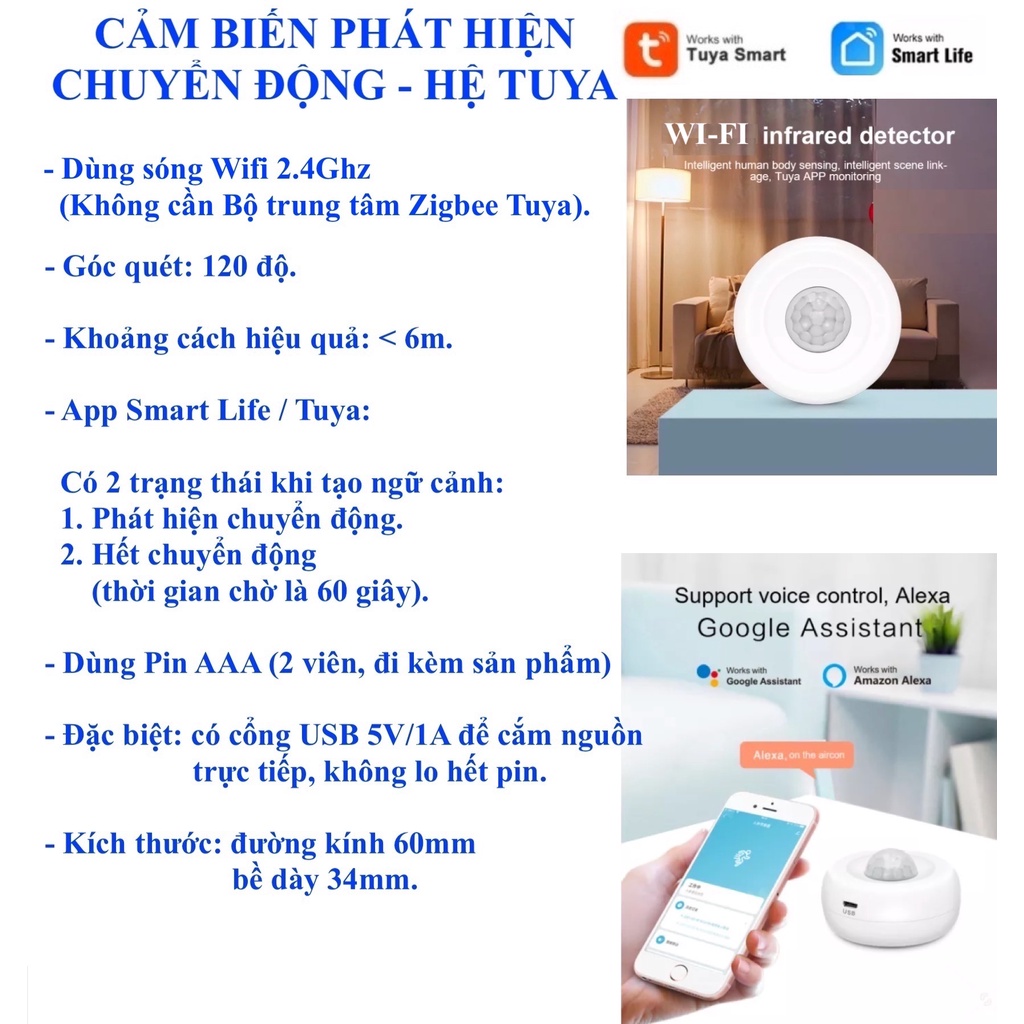 Cảm biến phát hiện chuyển động PIR Motion Sensor, Hệ Tuya, kết nối Wifi, App Smart Life/ Tuya.