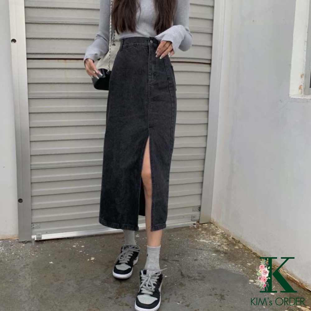 Chân váy bò Denim nữ màu xanh đậm và đen chất Jeans dáng dài xẻ tà cạp lưng cao hàng Quảng Châu phong cách Ulzzang Hàn