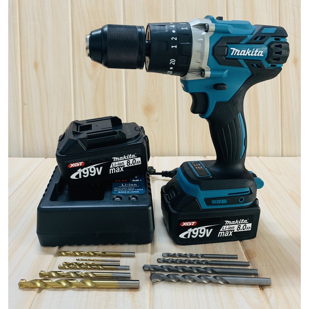 Máy khoan pin 199V loại 3 chứ năng có búa - Động cơ không chổi than siêu mạnh mẽ - Tặng kèm 10 mũi khoan cao cấp
