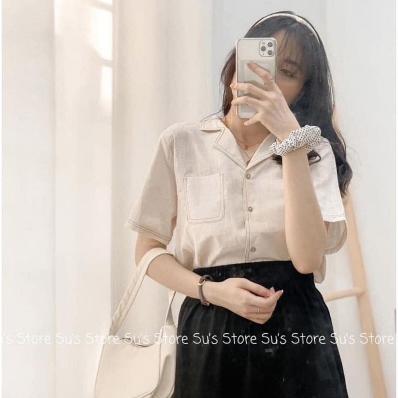 Áo Sơ Mi Ngắn Tay Màu Trơn Xinh Xắn Phong Cách Cổ Điển Dành Cho Nữ Freesize Dưới 55kg Có 2 Màu Be và Trắng