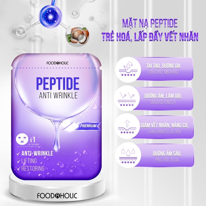Hộp 10 miếng Mặt nạ giúp trẻ hoá, lắp đầy vết nhăn Foodaholic Peptide Anti Wrinkle Mask 23ml x 10 - PEPTIDE mới