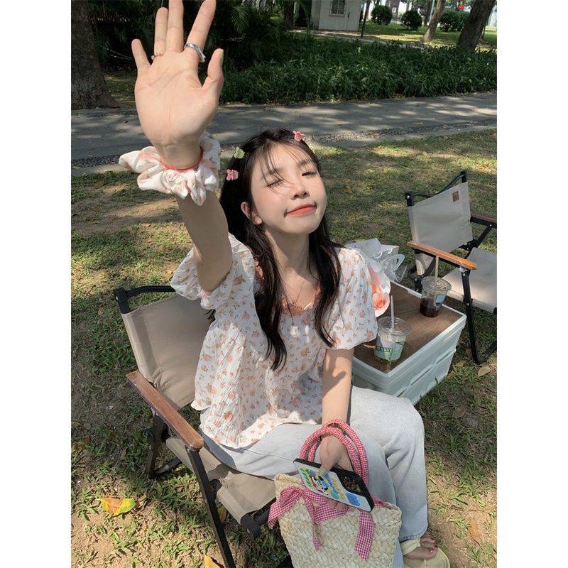 Áo Sơ Mi babydoll Tay Ngắn In Hoa Kiểu Hàn Quốc