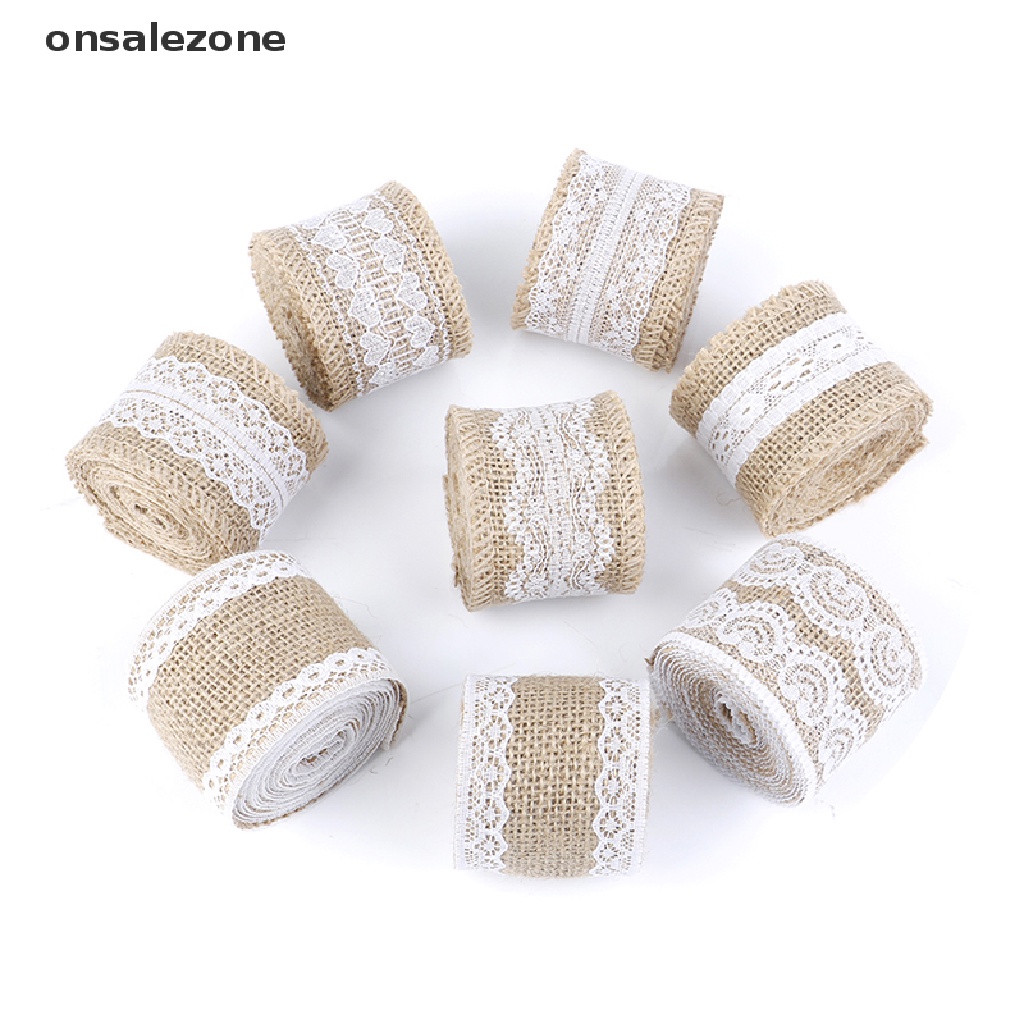 Cuộn ruy băng vải bố viền ren trắng dài 2m trang trí đa dụng