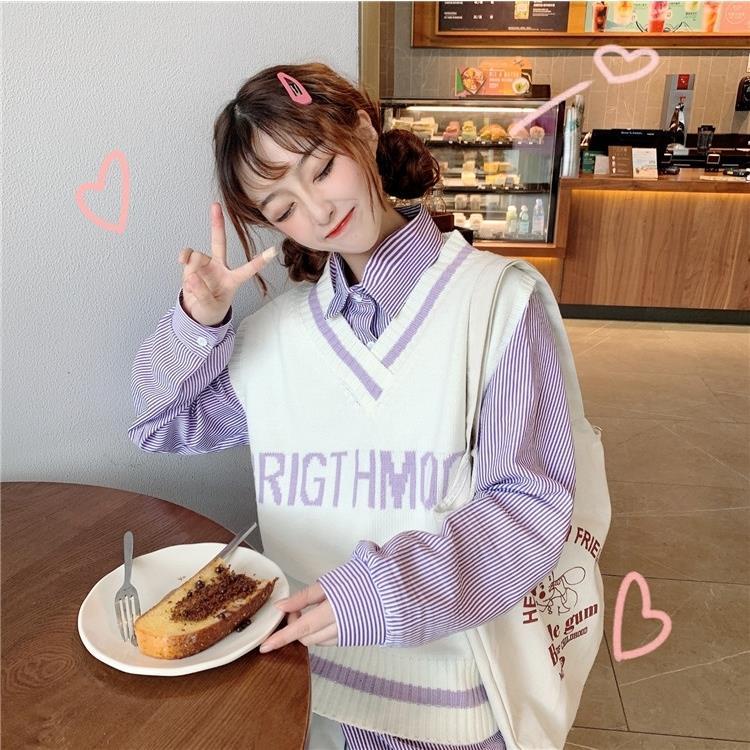 Set áo sơ mi dài tay và áo khoác len không tay thời trang dành cho nữ