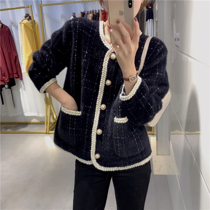 Áo dạ tweed nữ dáng ngắn Caro buộc nơ - Elly Clothings