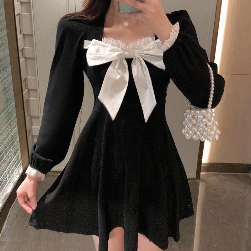 Đầm tay dài lưng cao phối ren hoa phong cách Vintage cho nữ