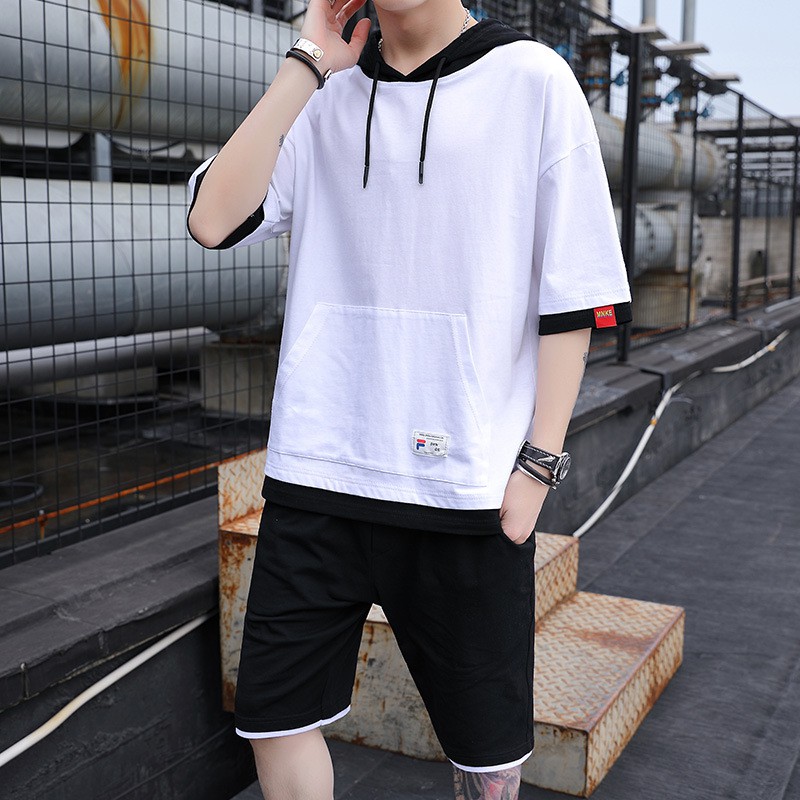 Bộ Đồ Thể Thao Áo Hoodie Tay Ngắn Phối Quần Short Kiểu Hàn Quốc Thời Trang Mùa Hè Cho Nam 2021