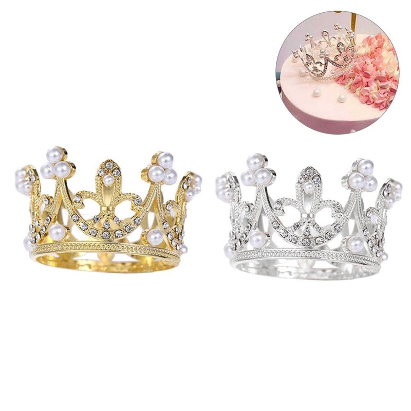 Topper Trang Trí Bánh Kem Hình Vương Miện Có Đính Ngọc Trai Lấp Lánh
