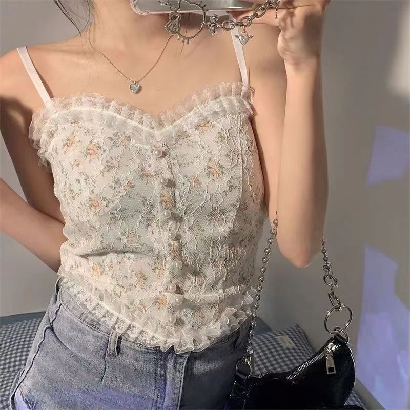 Áo 2 dây có mút ngực áo hai dây croptop Ôm Dáng Phối Ren Họa Tiết Hoa Quyến Rũ Thời Trang Kiểu Pháp Cho Nữ