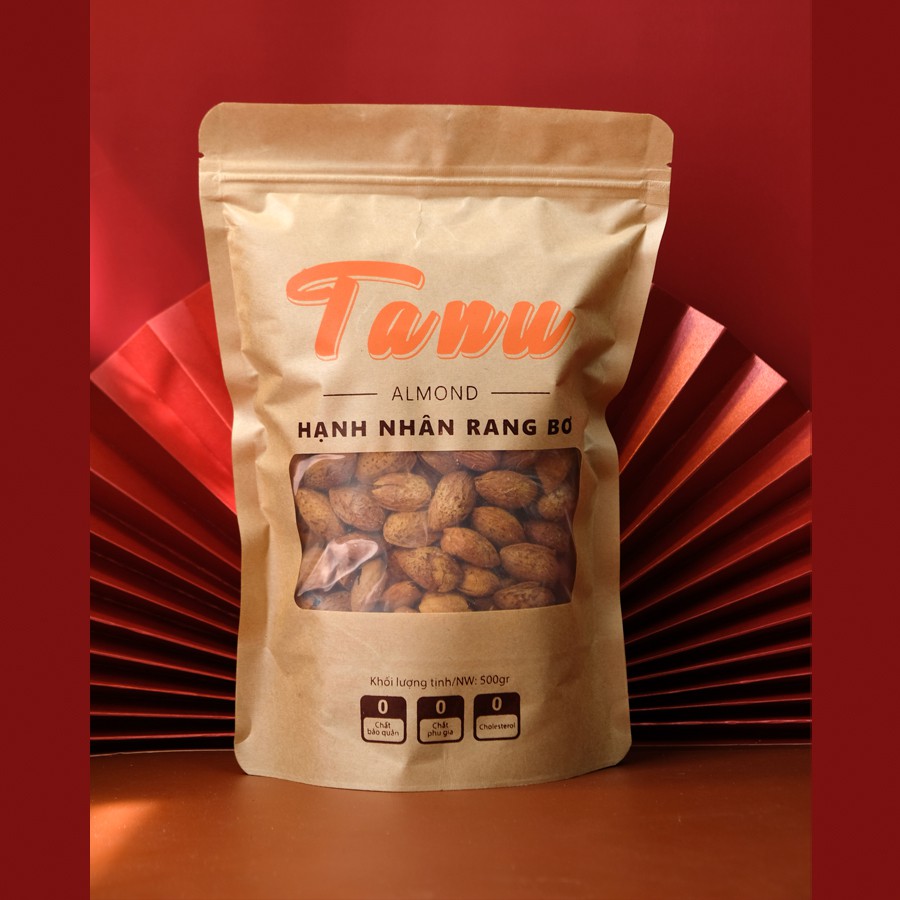 Hạnh nhân rang bơ (Nhập khẩu Mỹ) TANU NUTS - túi 500gr còn vỏ lụa - nhập khẩu chính ngạch của Mỹ