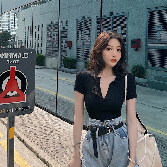 Áo dệt kim SUXI ngắn tay cổ chữ V phong cách retro