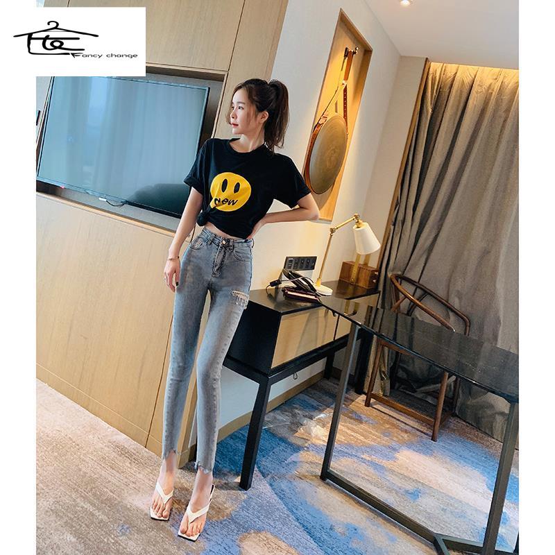 Hàng Có Sẵn Bán Chạy~Quần Jean Dài Đến Mắt Cá Chân Eo Cao Ôm Chân Rách Gối Màu Sáng Phong Cách Mùa Xuân Thời Thượng 2022 Cho Nữ