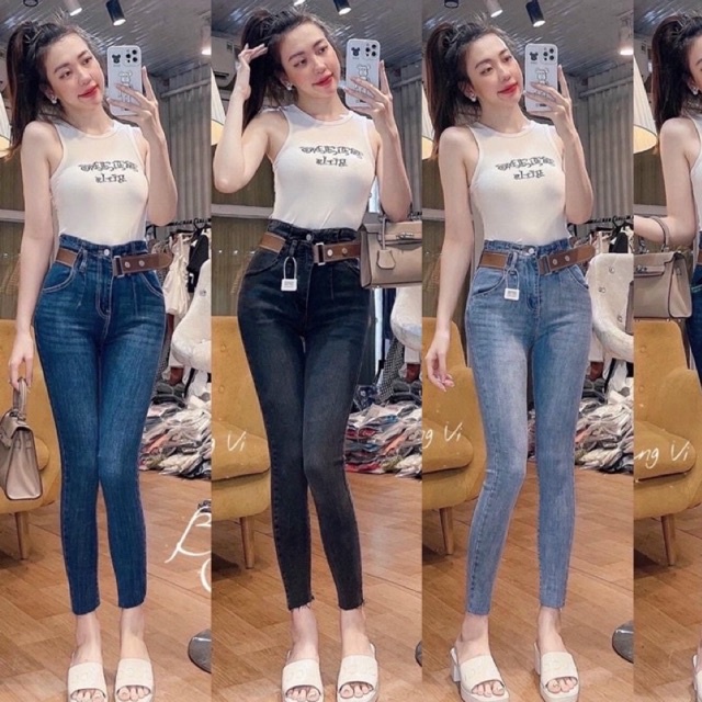 Quần bò jean ôm trơn cạp cai phối đai da hot hit hv